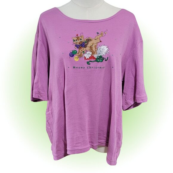 VTG Y2K MEOWY CHRISTMAS EMBROIDERED MCBLING HOLIDAY T-SHIRT EUC L - Picture 1 of 6